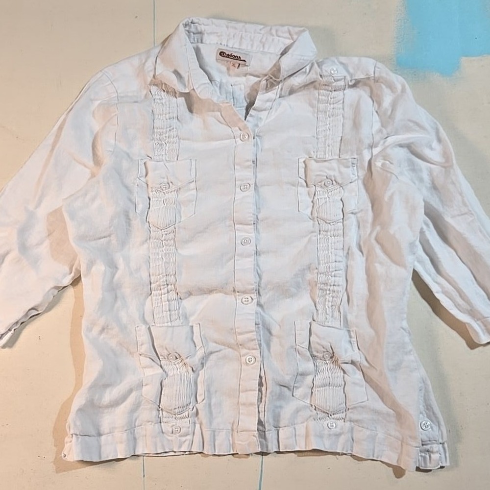 Azucar Linen Shirt Women XL White Pintuck 3/4 Sleeve Shell Button Up Mori‎ Kei